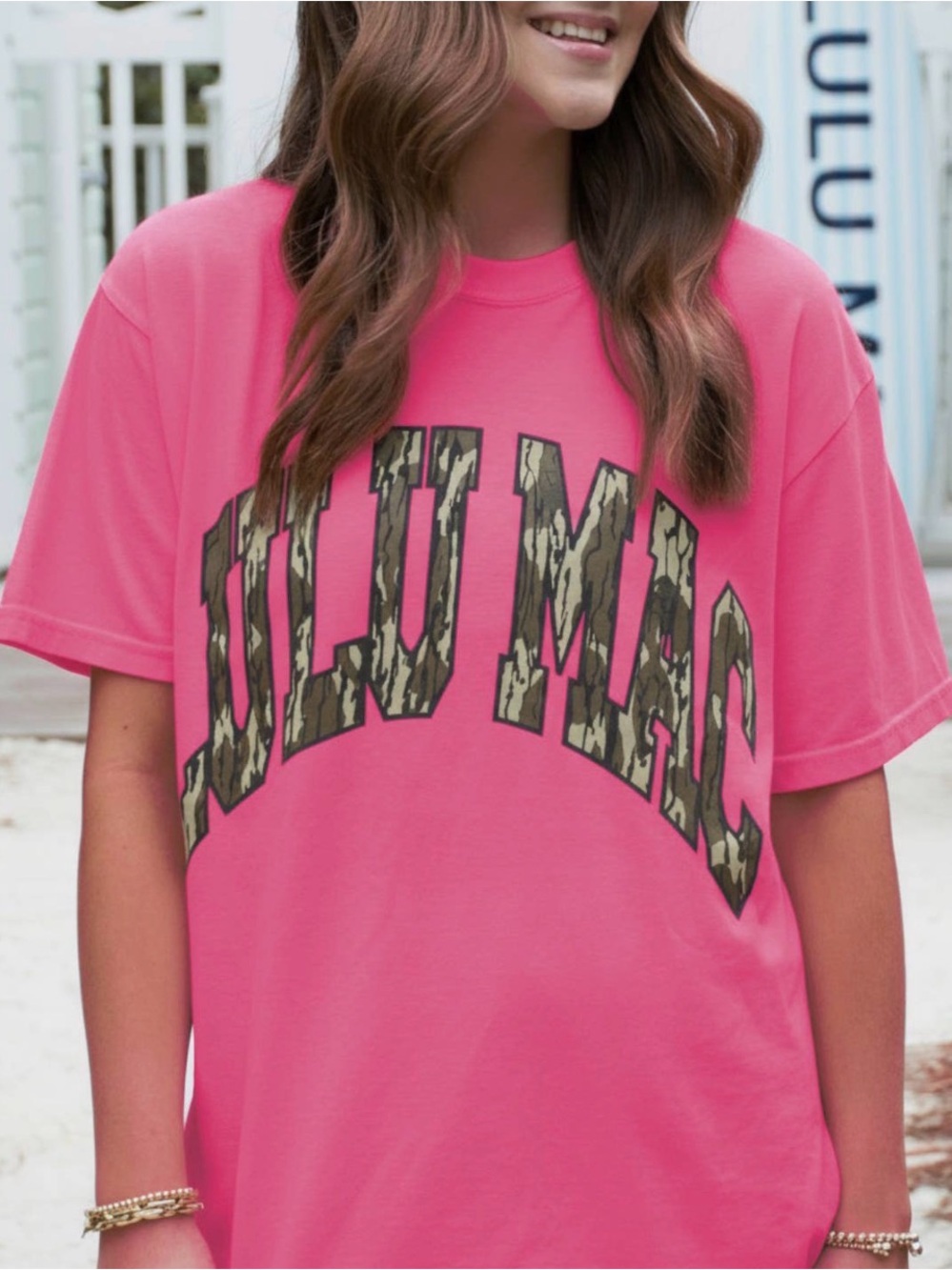 Lulu Mac Women’s Hot Pink Graphic Tee with Camo Lettering